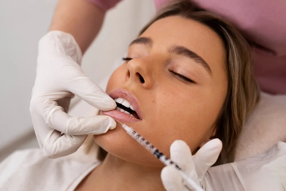 A gloved practitioner injecting a woman's lip